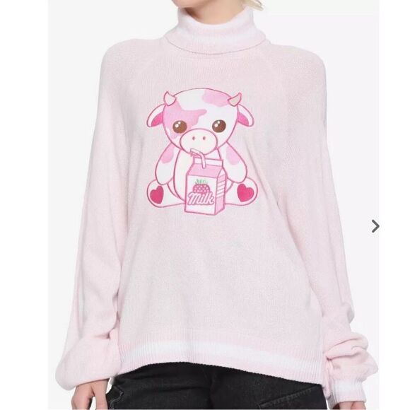 Hot Topic Strawberry Milk Cow Turtleneck Sweater Pink Medium Nwot - Picture 1 of 7
